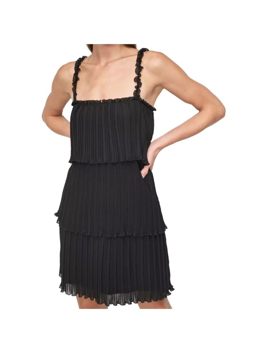 DKNY Womens Pleated Tiered Flapper 1920's Chiffon Mini Dress Black 14 NWT
